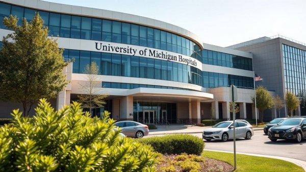 University of Michigan Hospital entrance and parking area.