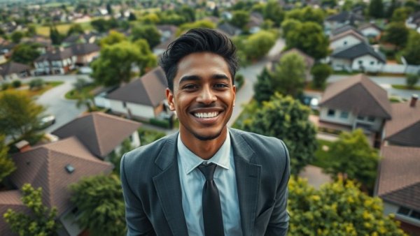Round Mountain community aerial view with smiling man indoors