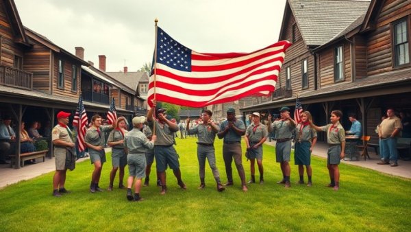 Mackinac Island Scout Service Program participants holding large American flag.