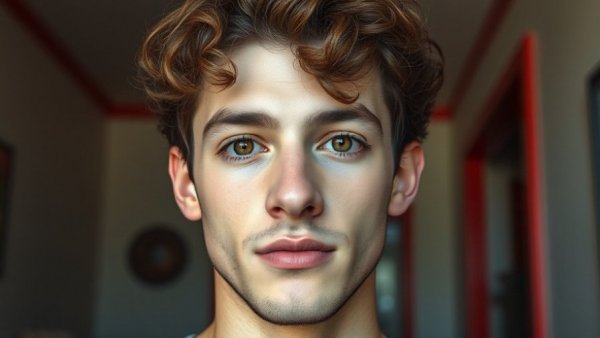 Portrait of young man centered with red border background.