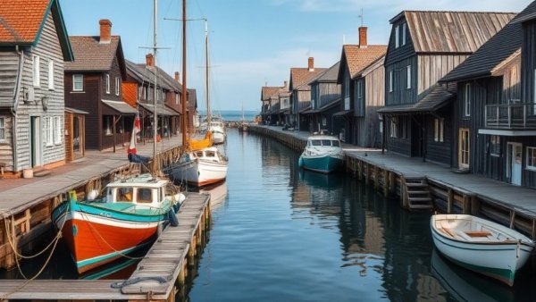 Quaint Michigan summer canal scene with wooden docks