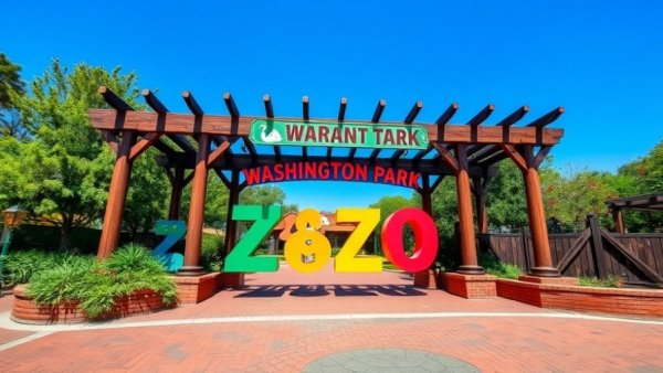 Entrance of Washington Park Zoo in vibrant spring setting.