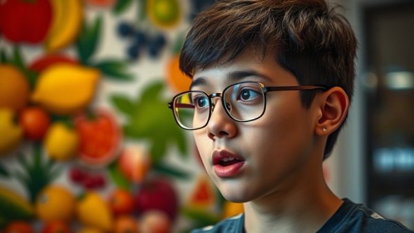 Person in glasses speaking in front of fruit-themed backdrop, restaurant owner with Tourette's syndrome.