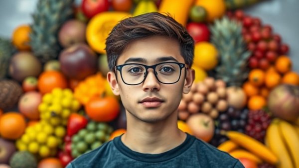 Colorful fruit-themed background with person, restaurants in Holland Michigan.