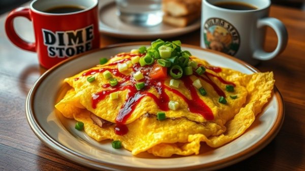 Dime Store brunch dish with omelette and coffee on wood table, Rochester Hills.