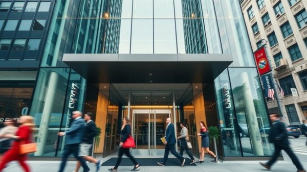 Urban building with blurred pedestrians symbolizing investment opportunities for entrepreneurs