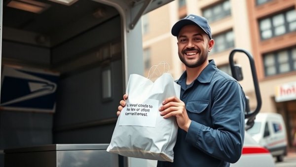Stamp Out Hunger West Michigan event with USPS worker holding donation bag.