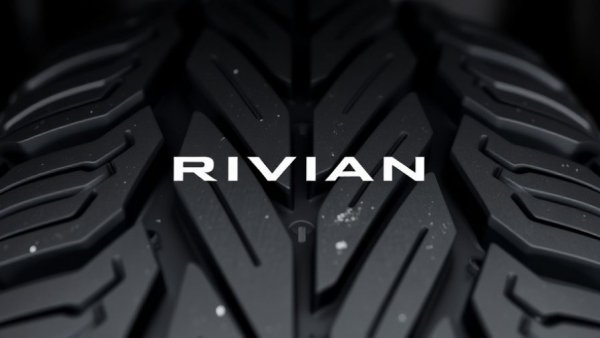 Rivian Automotive logo prominently displayed on textured tire background.