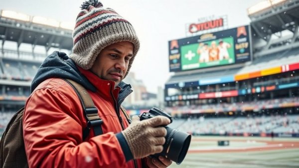 Snow removal worker clears snow in stadium with billboards.