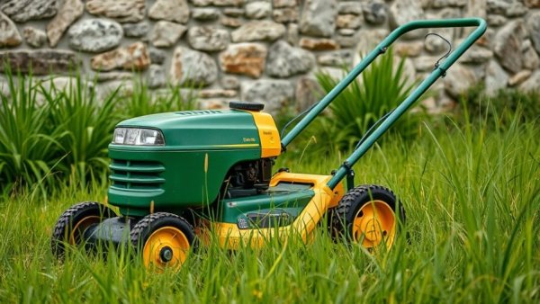 Old lawn mower on grass next to stone wall. Lawn mower safety tips.