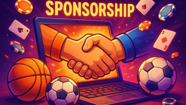 Vibrant digital illustration of sports sponsorships with a handshake.