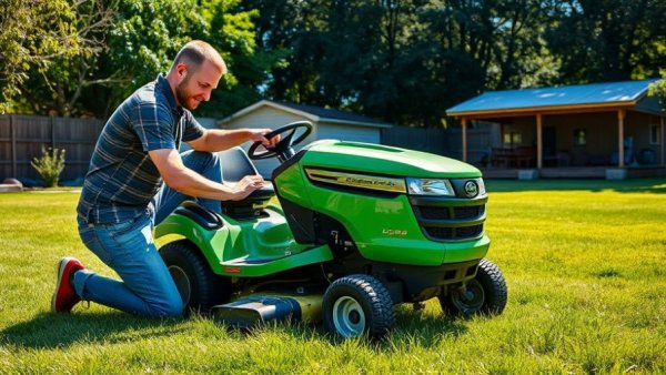 Man inspecting lawn tractor in sunny backyard for lawn services.