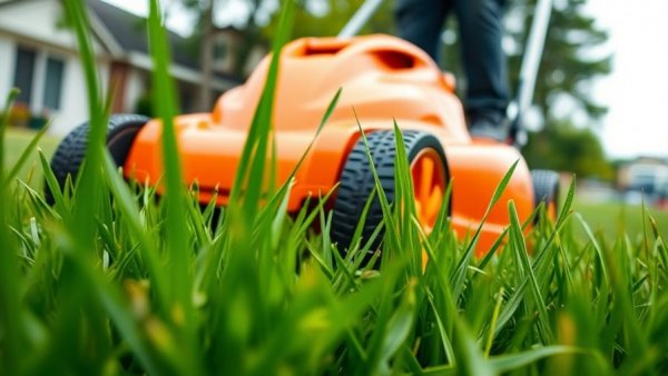 Orange lawnmower cutting grass for budget lawn care.