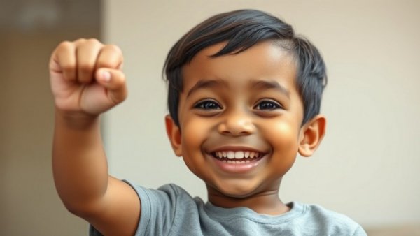 Confident child raising fist indoors in Muskegon