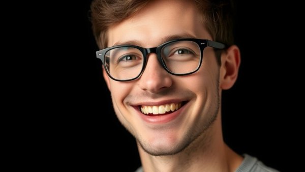 AI brand recognition concept with smiling man and black background.