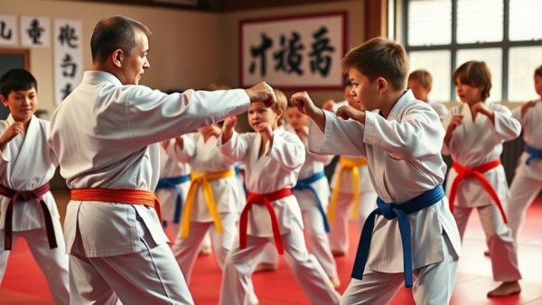 Karate class with children in belts practicing, traditional Okinawan Karate Galloway.