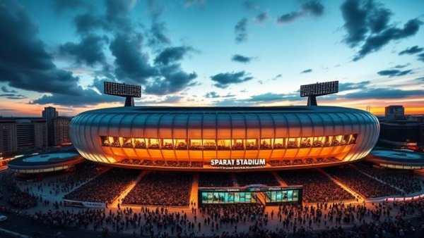 Spartan Stadium bustling with activity in vibrant cityscape at dusk.