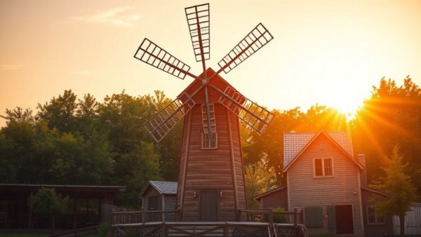 Historic windmill at sunrise in Michigan forest, boosting tourism travel