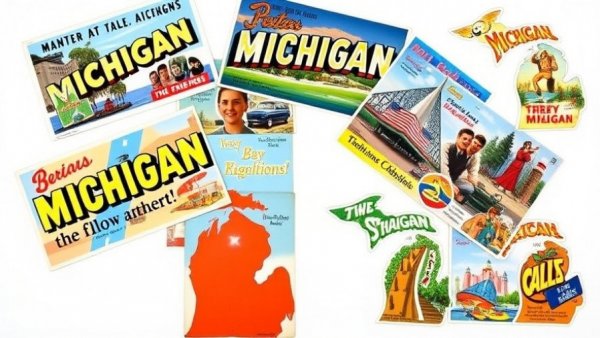Colorful vintage Michigan postcards showcasing timeless tourism slogans.