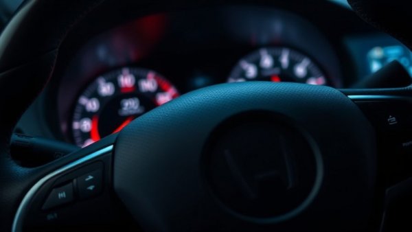 Close-up of car steering wheel, blurred speedometer in background