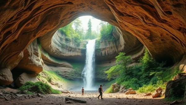 Explorers in Michigan sandstone cave with waterfall, Memorial Day trip