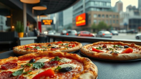 Detroit-style pizza restaurant amid cityscape, showcasing vibrant pizzas.
