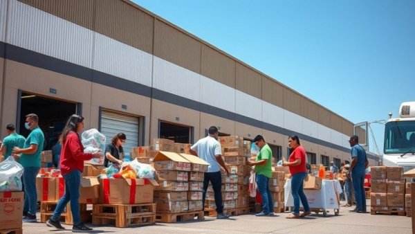 Michigan food giveaway event with volunteers setting up supplies.