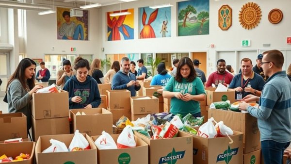 Volunteers sorting donations at Stamp Out Hunger Food Drive event.