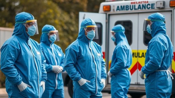 Health workers in hazmat suits by ambulance, preventing hantavirus.