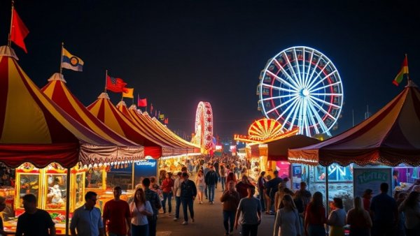 Vibrant Michigan county fair at night with rides and people.
