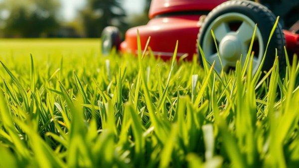Close-up of lawn showing vibrant green grass with a blurred red lawnmower in the background.