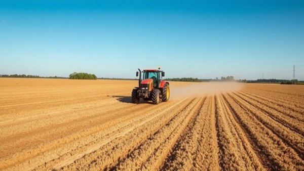 Tractor cultivating an open field on a clear day for soil management and land valuation conference.