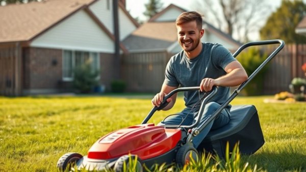 Battery lawn gear Muskegon: man using battery-powered lawnmower.