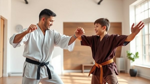 Instructor and child practicing martial arts in Gurnee studio.