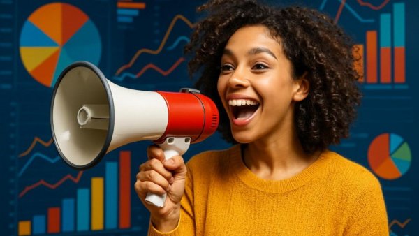 Young woman promoting innovative marketing campaigns with graphs.