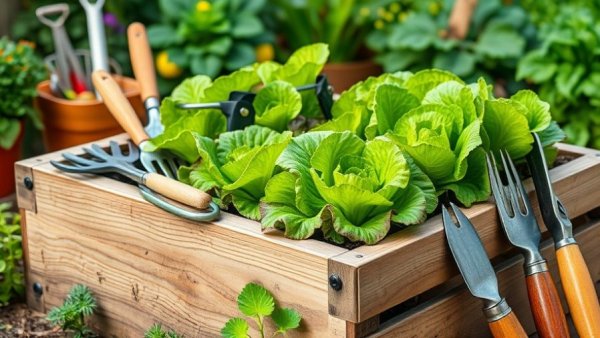 Start a backyard planting box in Muskegon with fresh lettuce and tools.