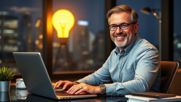 AI SEO for ChatGPT: Business professional in office with glowing ideas.