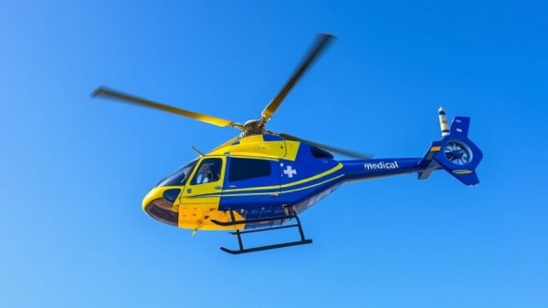 Medical helicopter over rural Michigan sky in motion