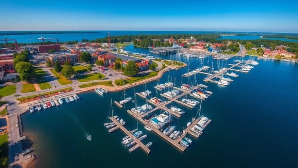 Aerial view of Traverse City marina showcasing vibrant waterfront and greenery, ideal for Michigan travel guide information.
