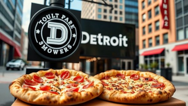 Greasy's Pizza sign with Detroit-style pizza trays in urban setting.