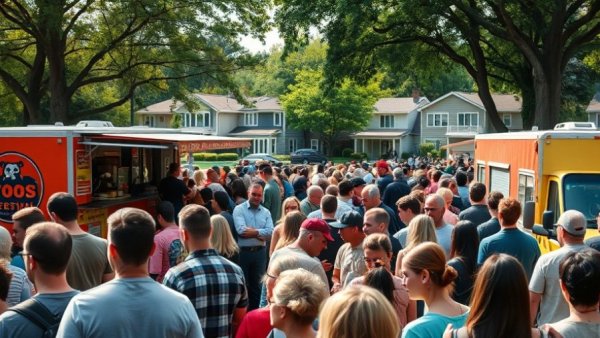 People at Michigan food truck festival in a park setting.