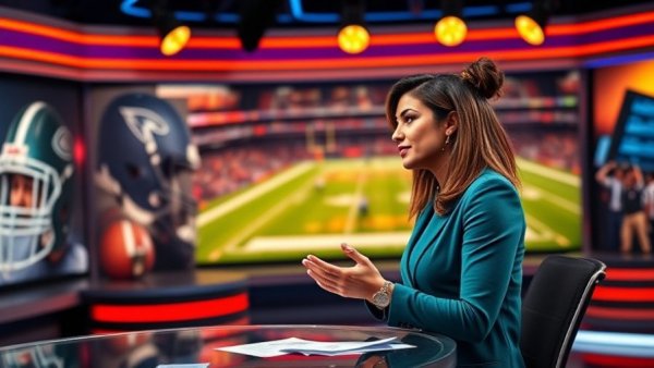 Host in vibrant sports studio setup with city backdrop.