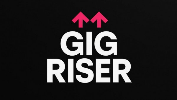 Gig Riser website launch logo with arrows on black.