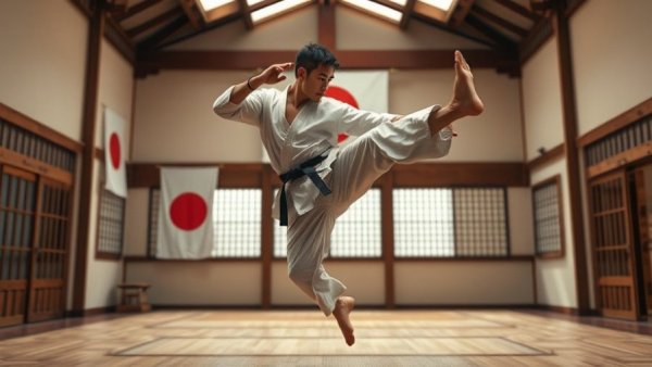 Martial artist in dojo demonstrating posture and flexibility in karate.