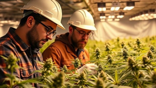 Medical marijuana cultivation in Michigan mine: men inspecting plants.