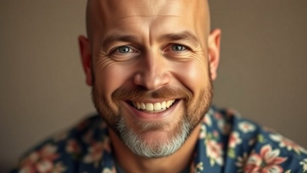 Smiling bald man in a floral shirt, warmth and friendliness.
