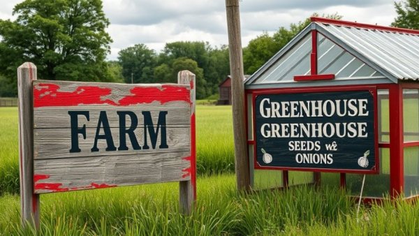 Rustic farm and greenhouse signs promoting local produce in Michigan.