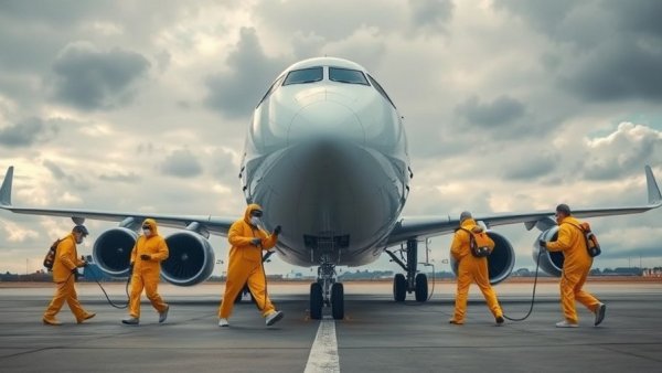 Reduce risk of hantavirus: team in hazmat suits at aircraft