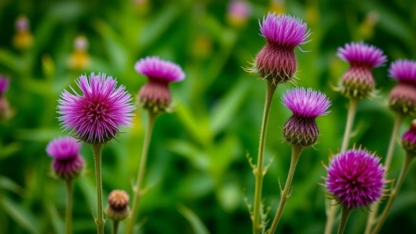 Close-up of purple thistles in a lush green background