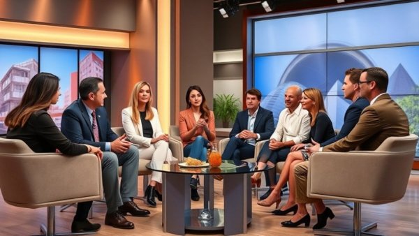 Casual group discussion on talk show set about rental property oversight services.